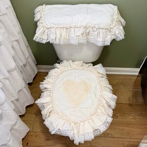 VTG Handmade Bathroom Longated Toilet Seat Lid & Tank Covers White w/lace 90s